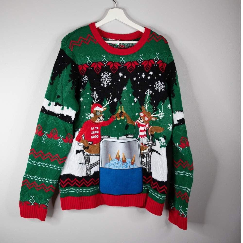Holiday Time Ugly Christmas Sweater Mens Medium Green Up To Snow Drink holder